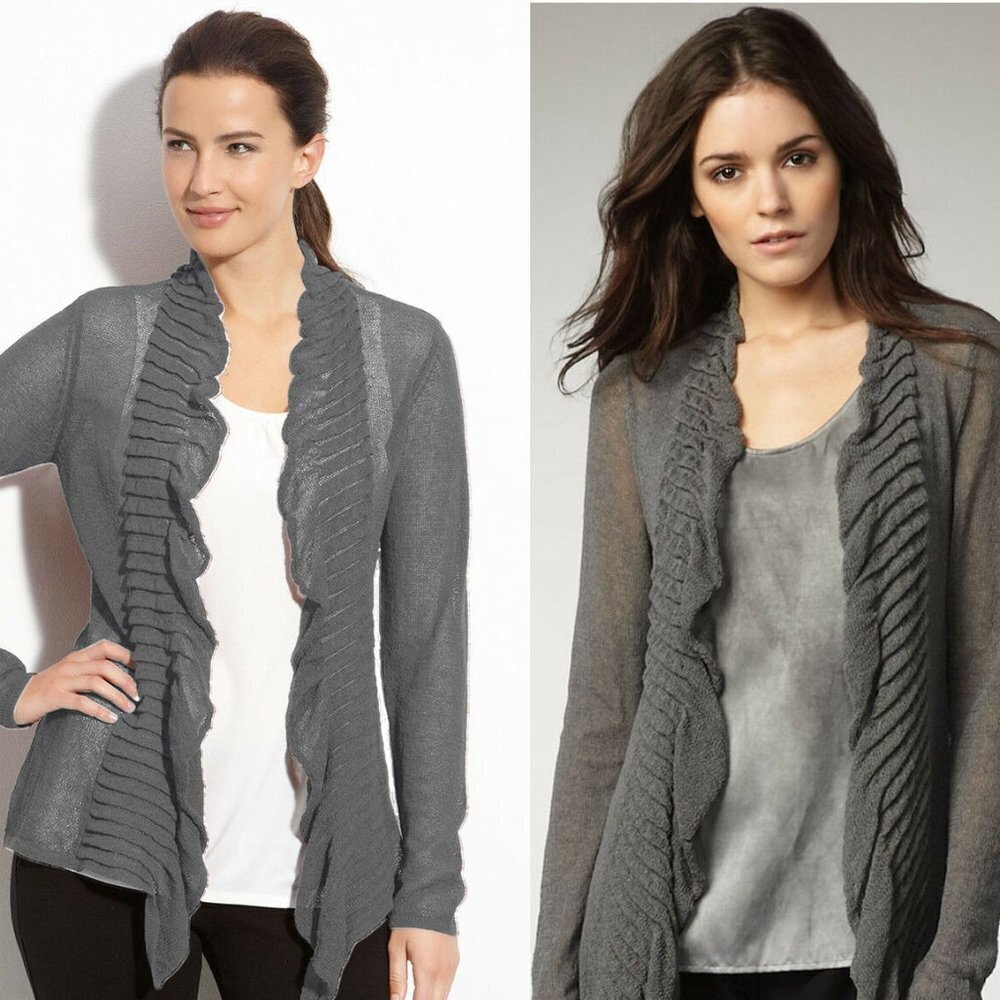 Eileen Fisher - "Ruffle Cardigan in Rayon Linen Jersey", color Smoke, Med